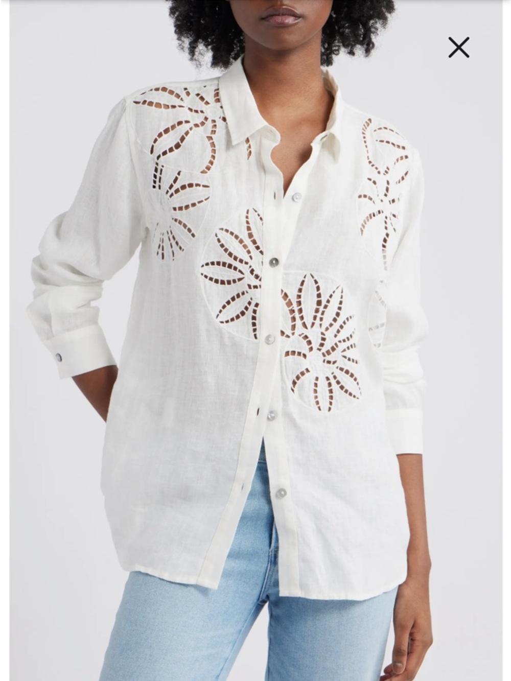 RAILS Samar Floral Embroidery Detail White Linen Blend Button Up Shirt XXL
